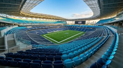 Professional installation of factory-direct stadium seating in a high-capacity arena.